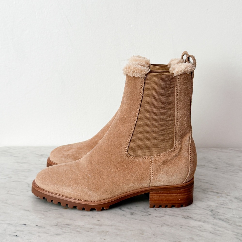 Talbots Suede Faux Fur Lined Chelsea Boots 8.5M Tan Lug Sole Ankle Booties